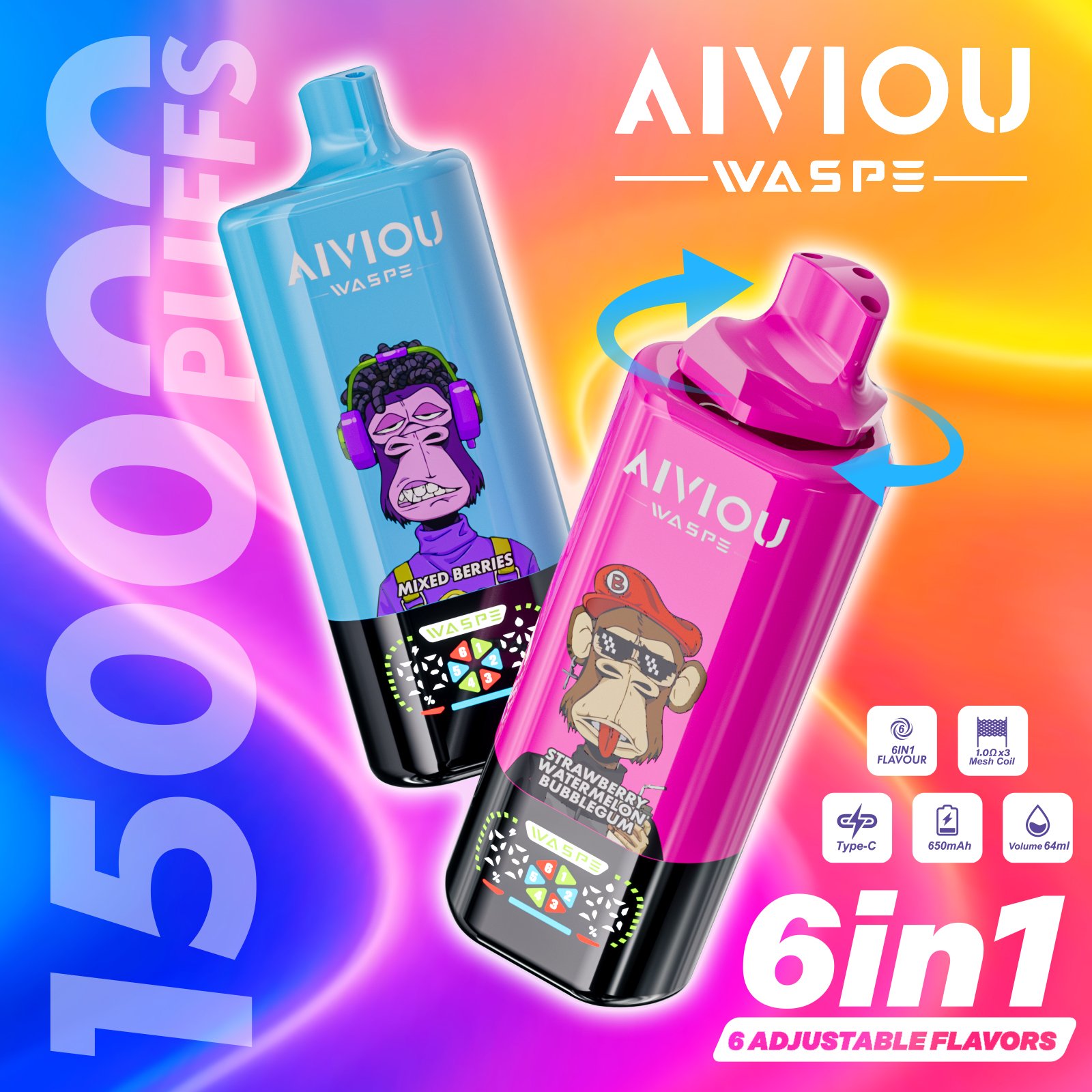 WASPE AIVIOU 6 in 1 | 150,000パフ 大容量使い捨てVAPE —— フレーバー切り替え機能搭載 - 画像 (2)